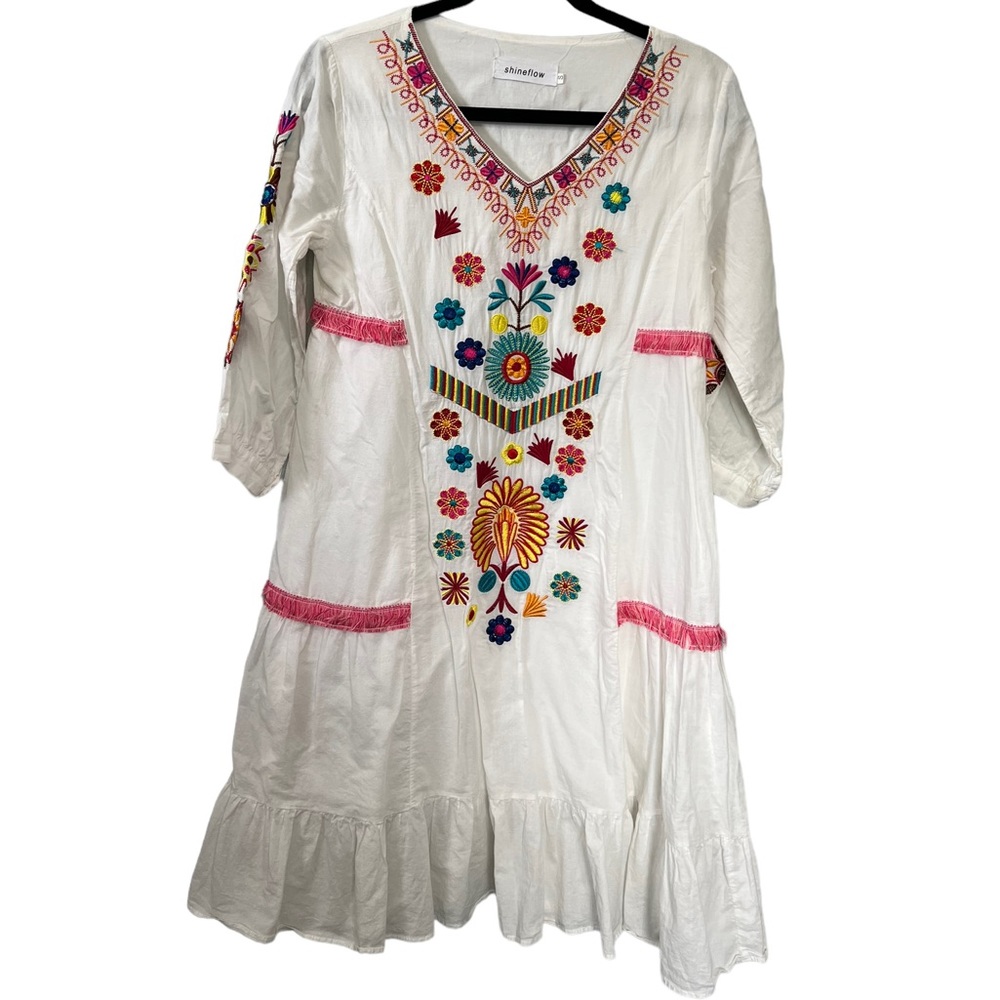 Shineflow Casual Embroidered 3/4 Sleeve Peasant Dress Small